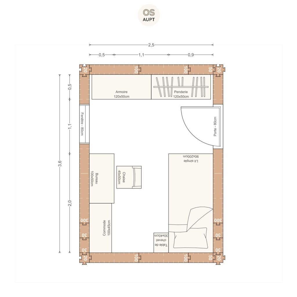 Plan chambre 9m2 avec lit 90cm bureau 100cm et penderie 2. 5 x 3. 6 m