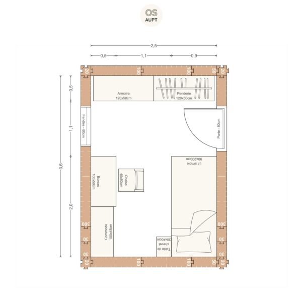 Plan chambre 9m2 avec lit 90cm bureau 100cm et penderie 2. 5 x 3. 6 m
