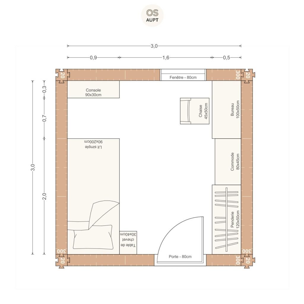 Plan chambre 9m2 avec lit 90cm bureau 100cm et penderie 3. 0 x 3. 0 m