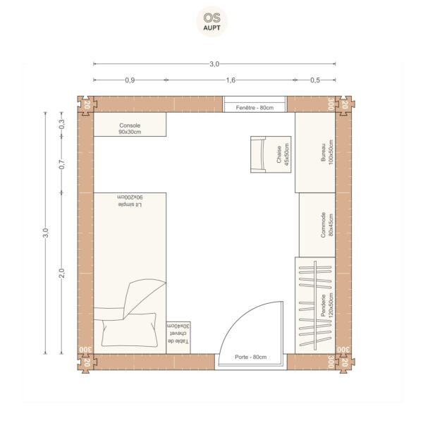Plan chambre 9m2 avec lit 90cm bureau 100cm et penderie 3. 0 x 3. 0 m