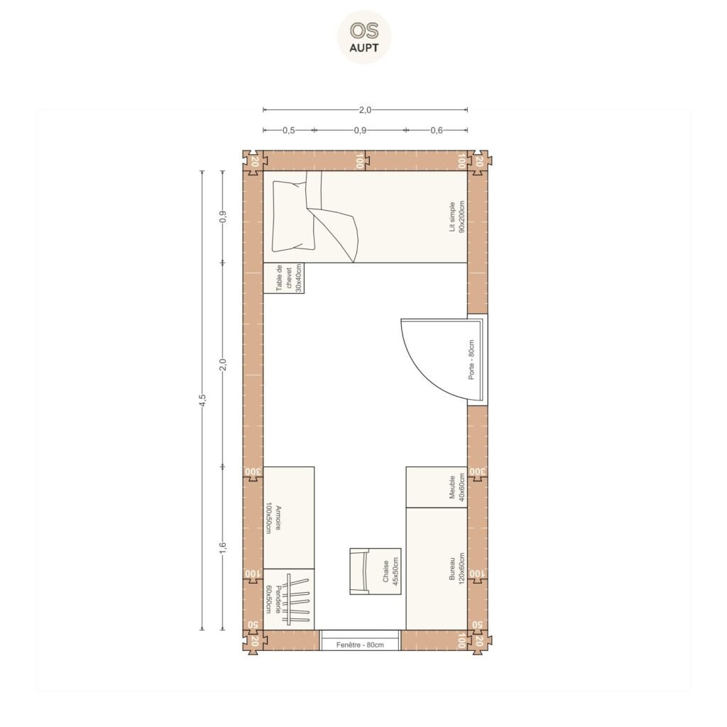 Plan chambre 9m2 avec lit 90cm bureau 120cm armoire et penderie 2. 0 x 4. 5 m