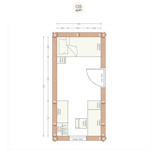 Plan chambre 9m2 avec lit 90cm bureau 120cm armoire et penderie 2. 0 x 4. 5 m