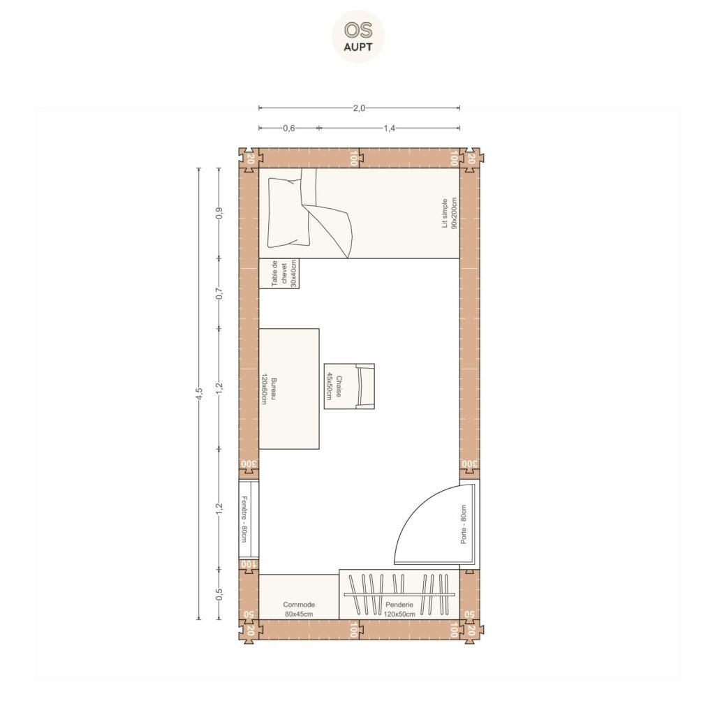 Plan chambre 9m2 avec lit 90cm bureau 120cm et penderie 2. 0 x 4. 5 m