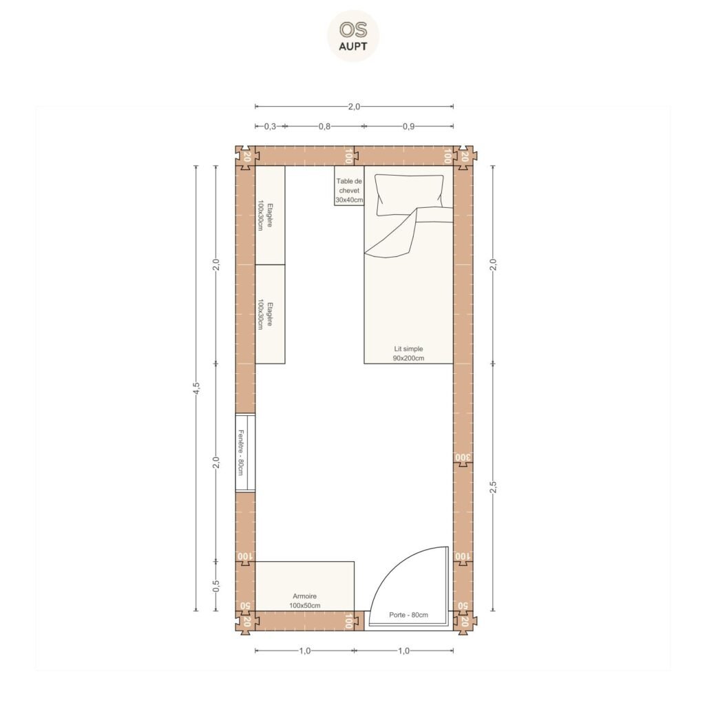 Plan chambre 9m2 avec lit 90cm et armoire 2. 0 x 4. 5 m