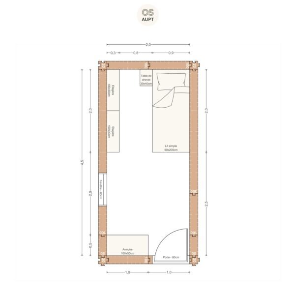 Plan chambre 9m2 avec lit 90cm et armoire 2. 0 x 4. 5 m