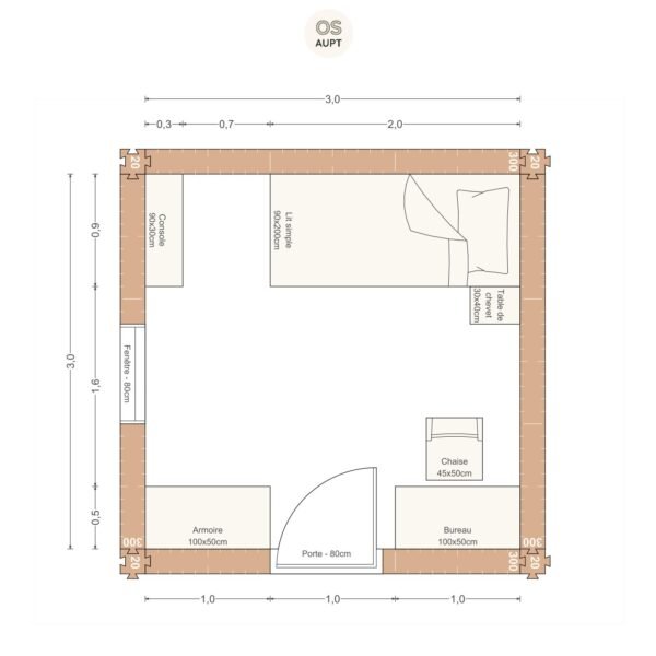 Plan chambre 9m2 avec lit 90cm et bureau 100cm 3. 0 x 3. 0 m