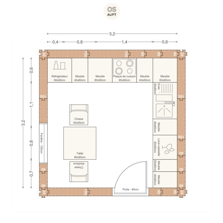 Plan cuisine 10m2 en l avec table 2 personnes 3. 2 x 3. 2 m
