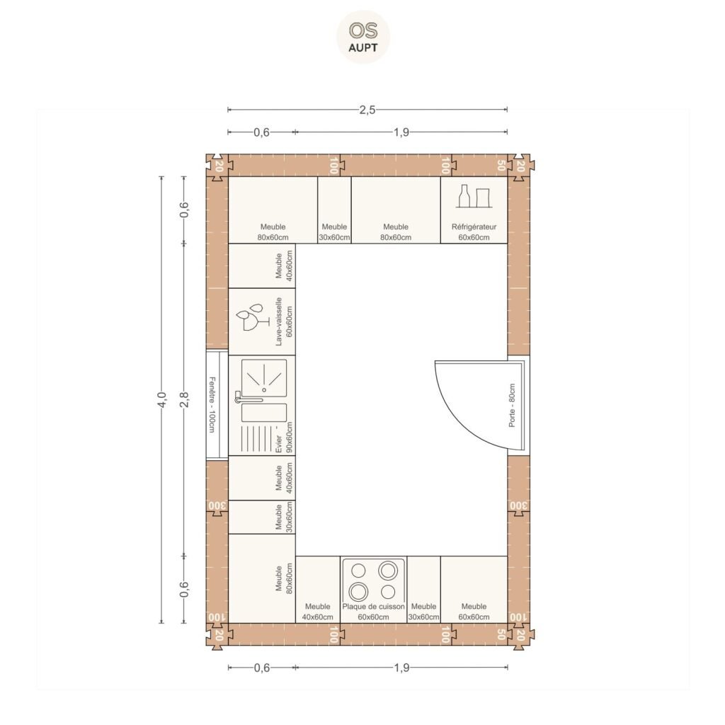 Plan cuisine 10m2 en u 2. 5 x 4. 0 m