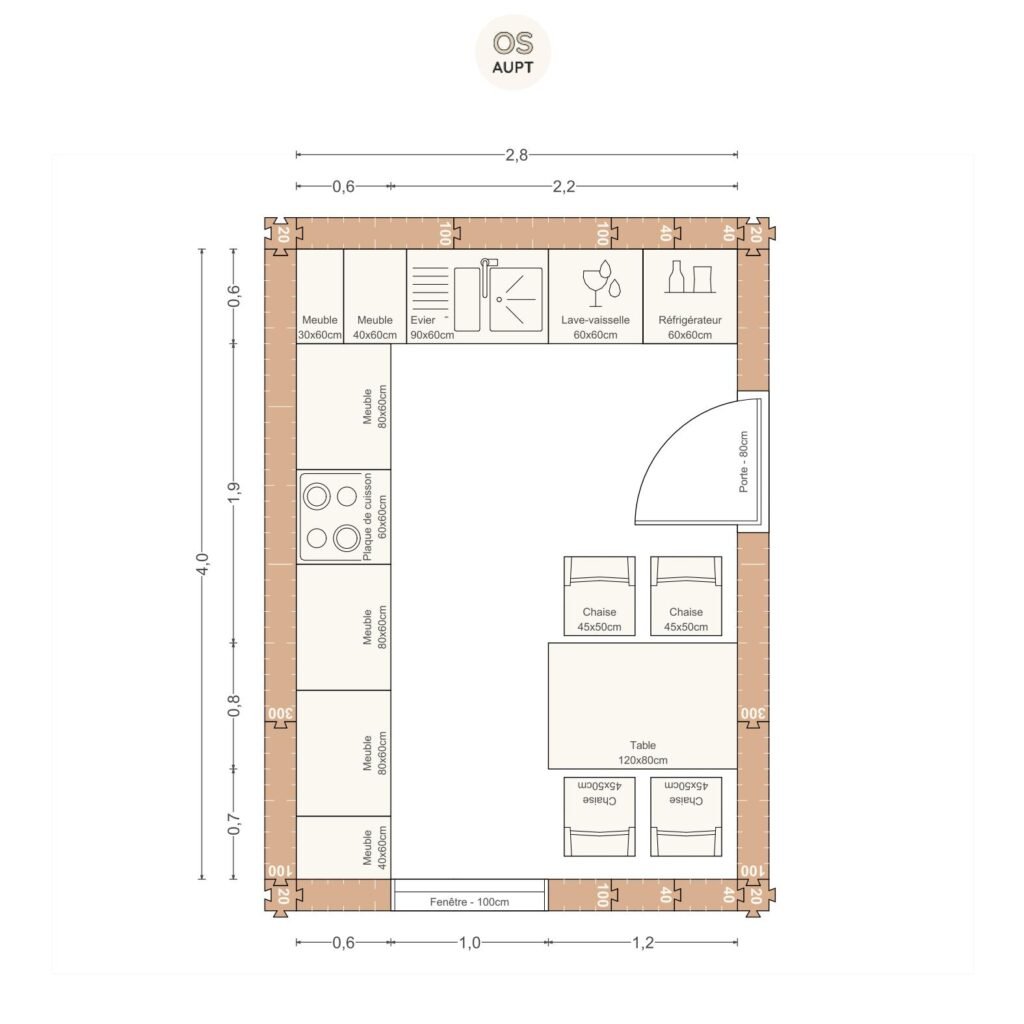 Plan cuisine 11m2 en l avec table 4 personnes 2. 8 x 4. 0 m