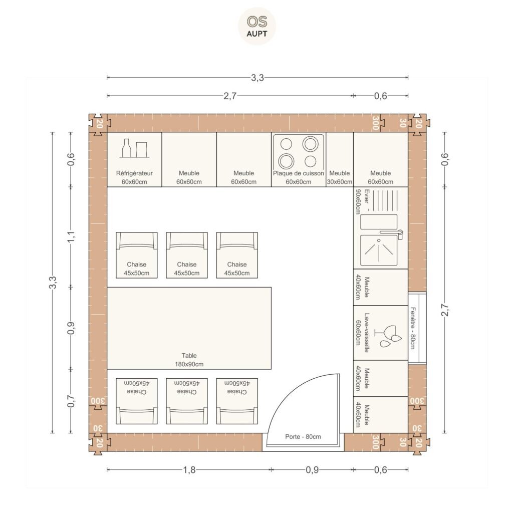 Plan cuisine 11m2 en l avec table 6 personnes 3. 3 x 3. 3 m