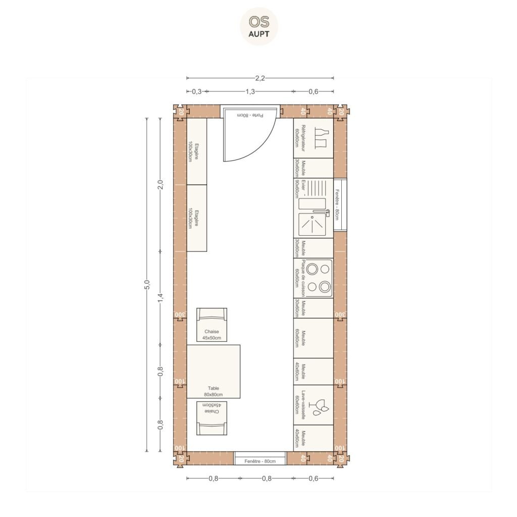 Plan cuisine 11m2 lineaire avec table 2 personnes 2. 2 x 5. 0 m