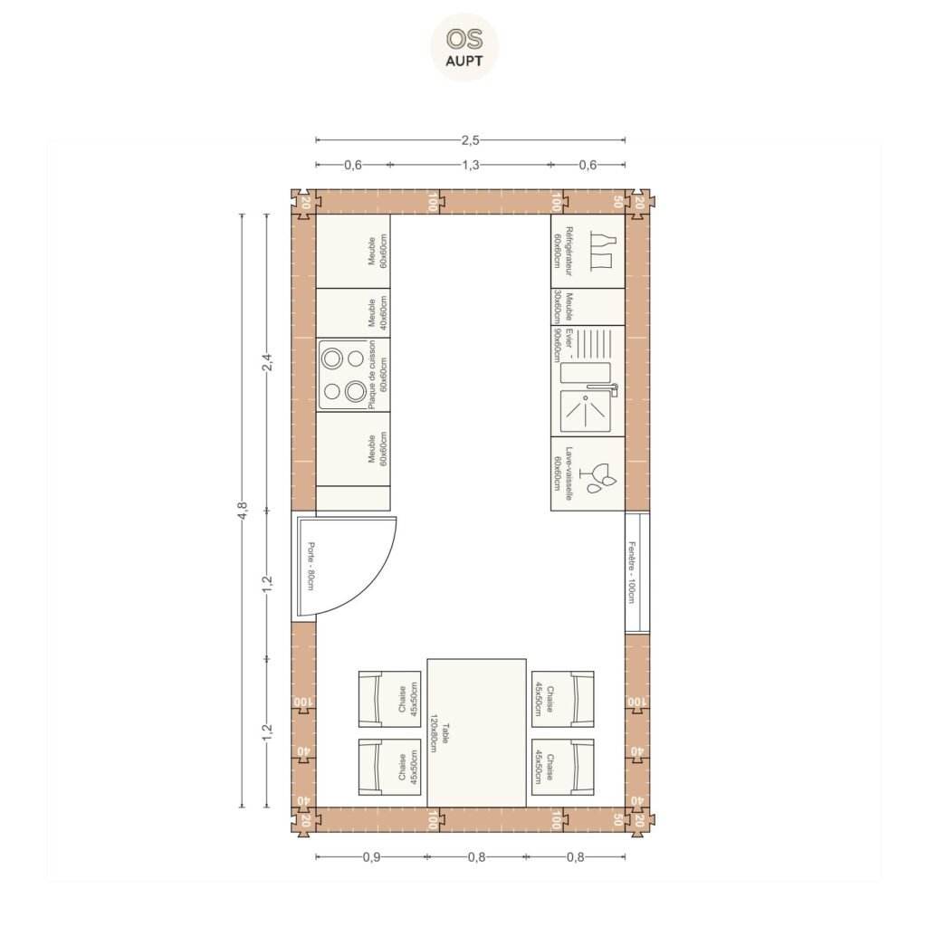 Plan cuisine 12m2 en parallele avec table 4 personnes 2. 5 x 4. 8 m