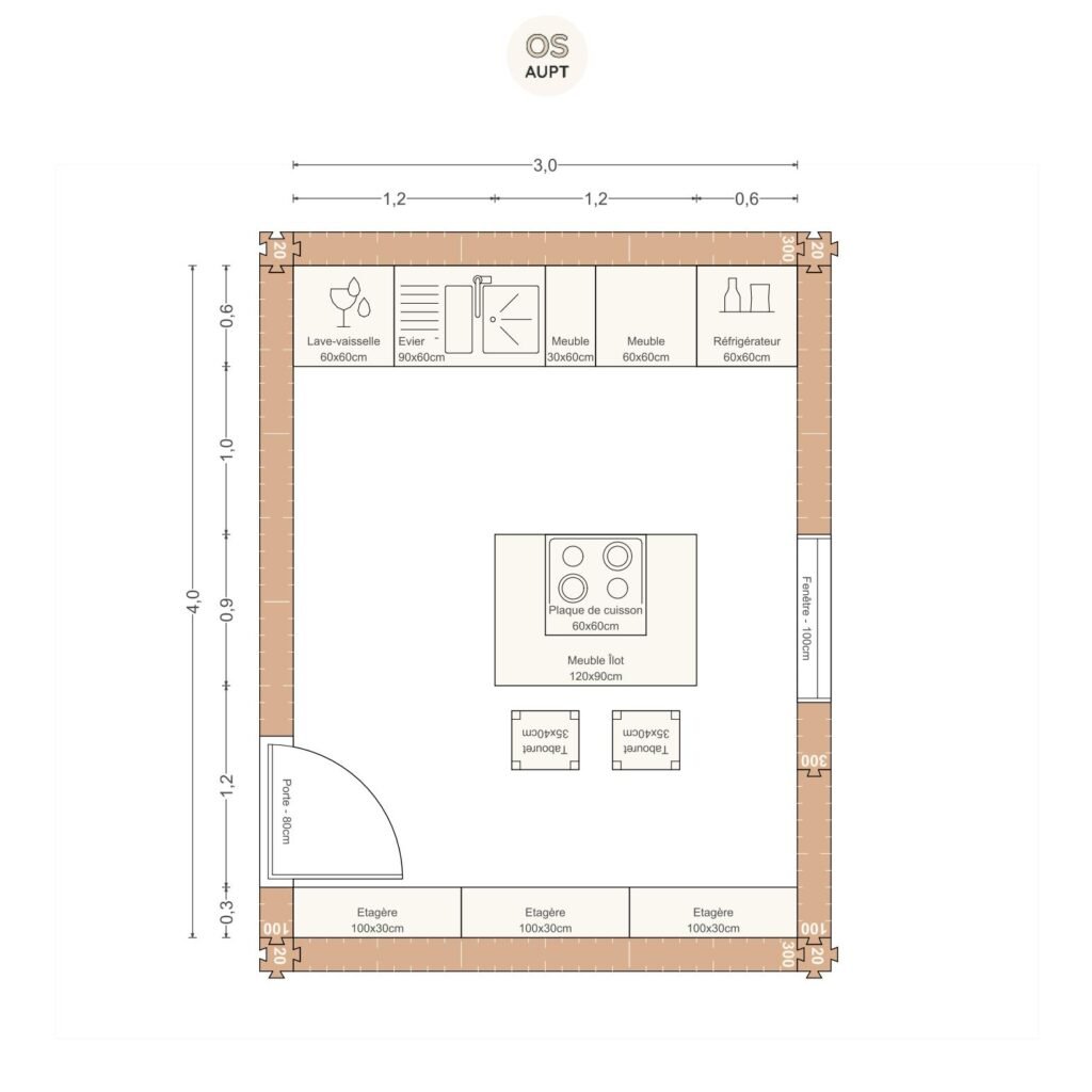 Plan cuisine 12m2 lineaire avec ilot central 3. 0 x 4. 0 m