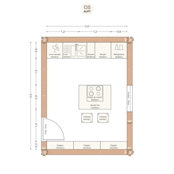 Plan cuisine 12m2 lineaire avec ilot central 3. 0 x 4. 0 m