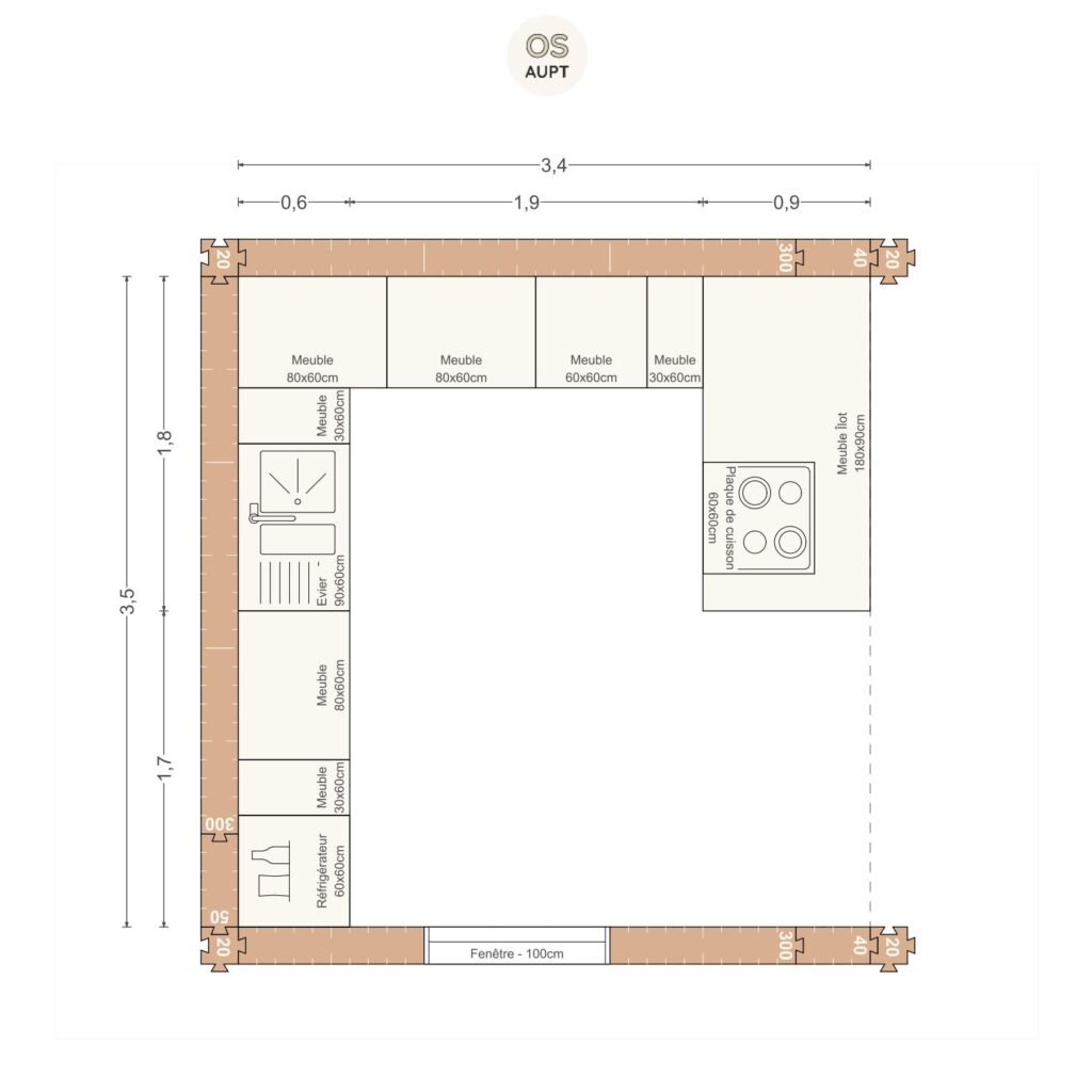 Plan cuisine 12m2 ouverte sur le salon avec ilot 3. 4 x 3. 5 m