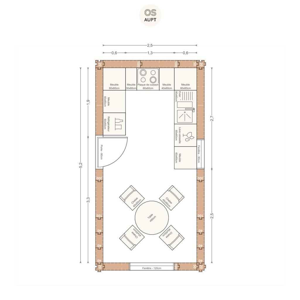 Plan cuisine 13m2 en u avec table ronde 4 personnes 2. 5 x 5. 2 m
