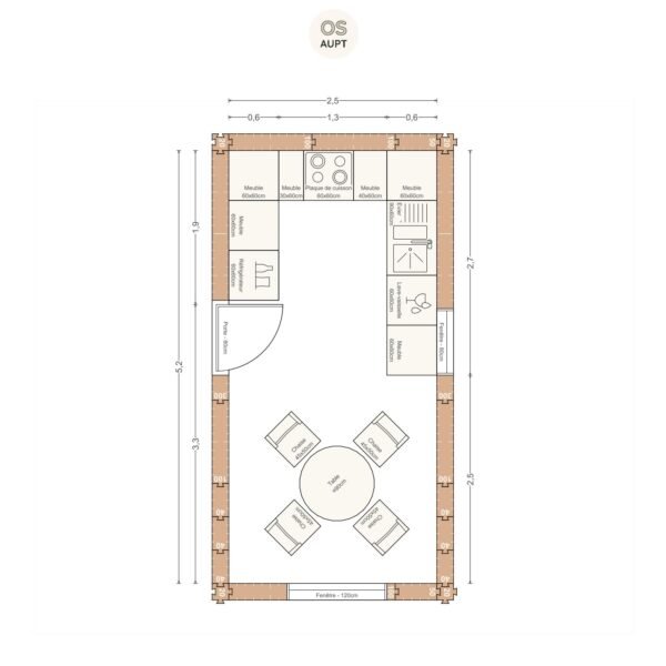 Plan cuisine 13m2 en u avec table ronde 4 personnes 2. 5 x 5. 2 m