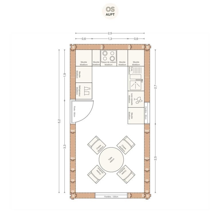 Plan cuisine 13m2 en u avec table ronde 4 personnes 2. 5 x 5. 2 m
