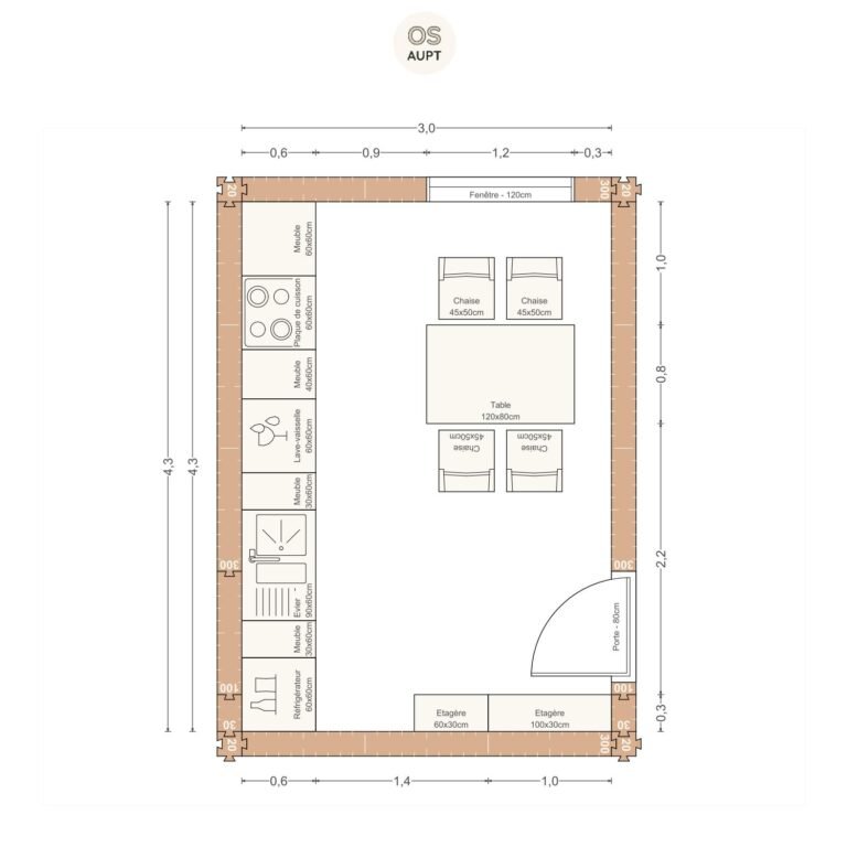 Plan cuisine 13m2 lineaire avec table 4 personnes 3. 0 x 4. 3 m