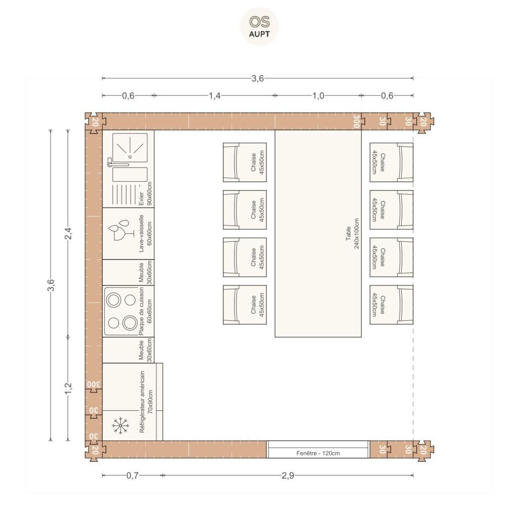 Plan cuisine 13m2 ouverte lineaire avec table 8 personnes 3. 6 x 3. 6 m