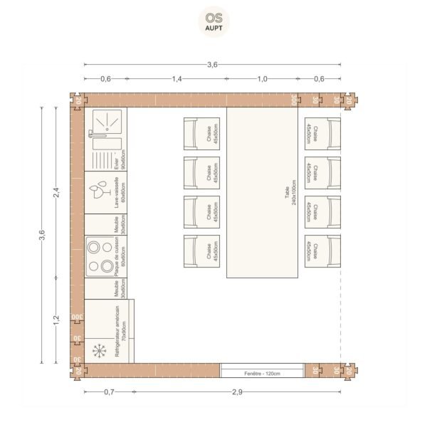 Plan cuisine 13m2 ouverte lineaire avec table 8 personnes 3. 6 x 3. 6 m
