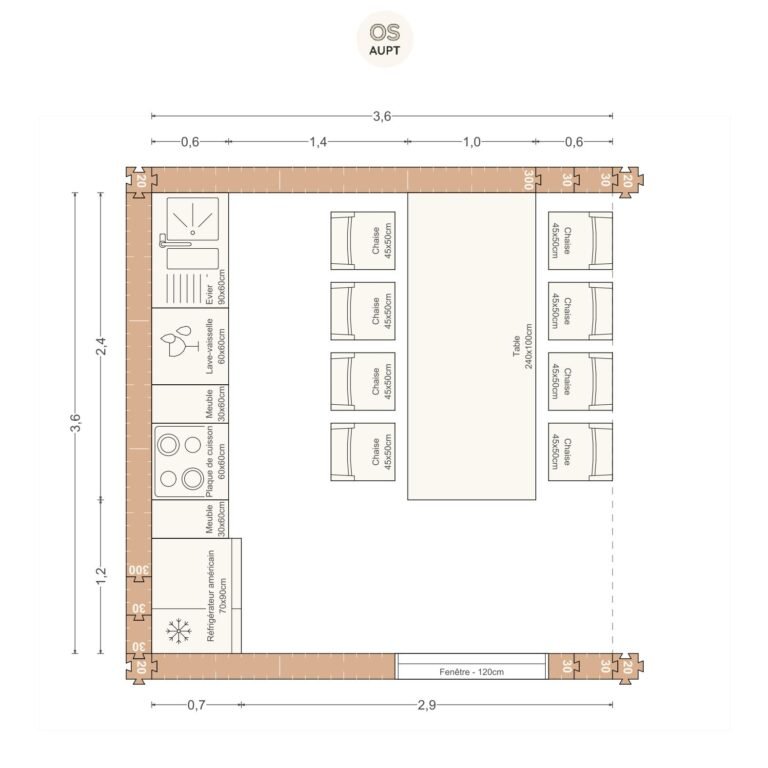 Plan cuisine 13m2 ouverte lineaire avec table 8 personnes 3. 6 x 3. 6 m