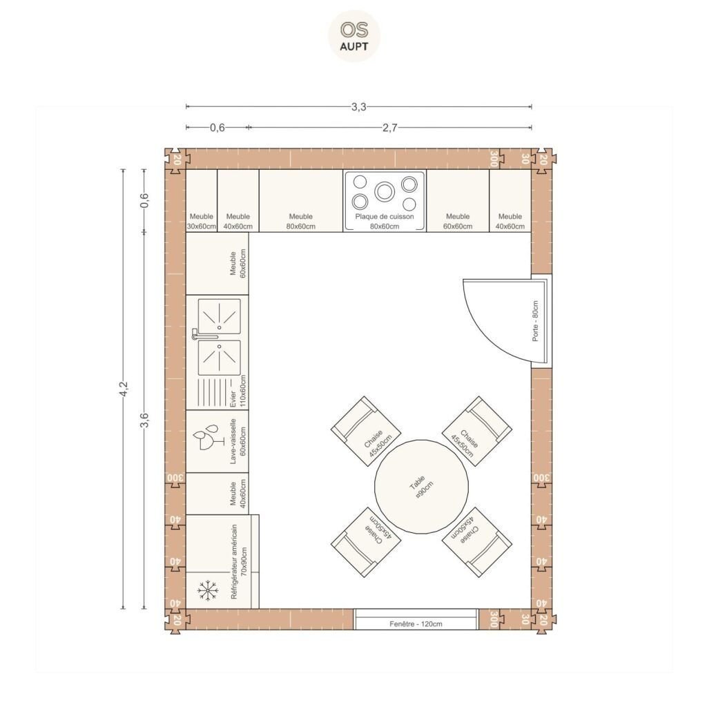 Plan cuisine 14m2 en l avec table ronde 4 personnes 3. 3 x 4. 2 m