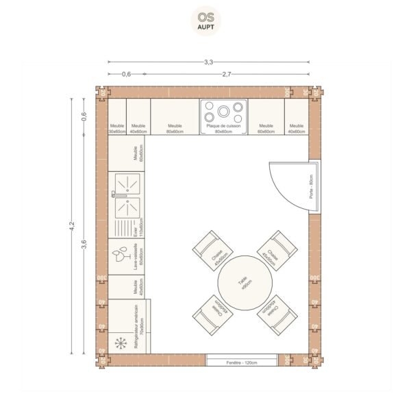Plan cuisine 14m2 en l avec table ronde 4 personnes 3. 3 x 4. 2 m