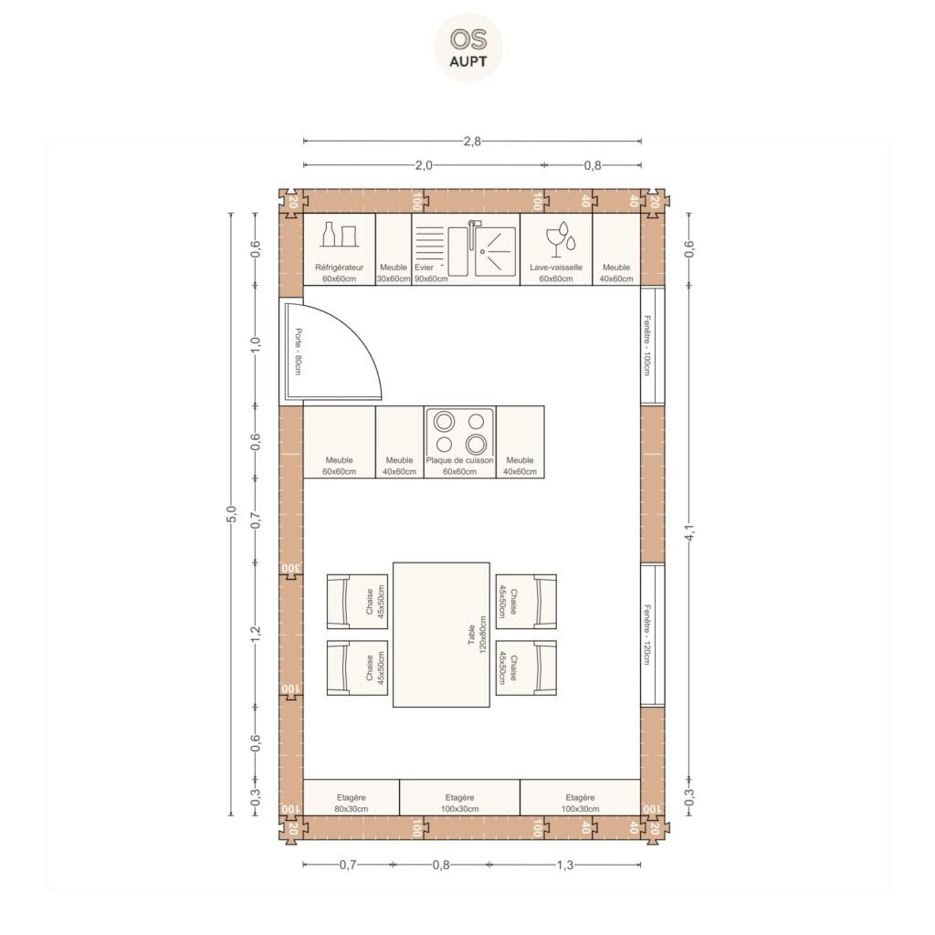 Plan cuisine 14m2 en parallele avec table 4 personnes 2. 8 x 5. 0 m