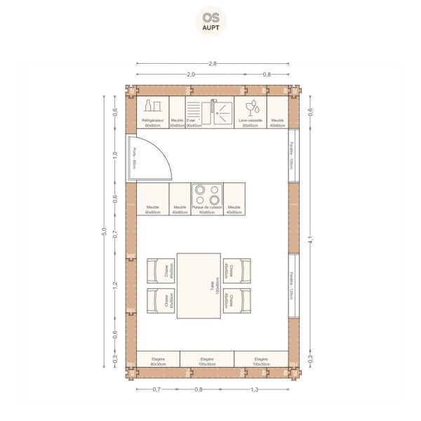 Plan cuisine 14m2 en parallele avec table 4 personnes 2. 8 x 5. 0 m