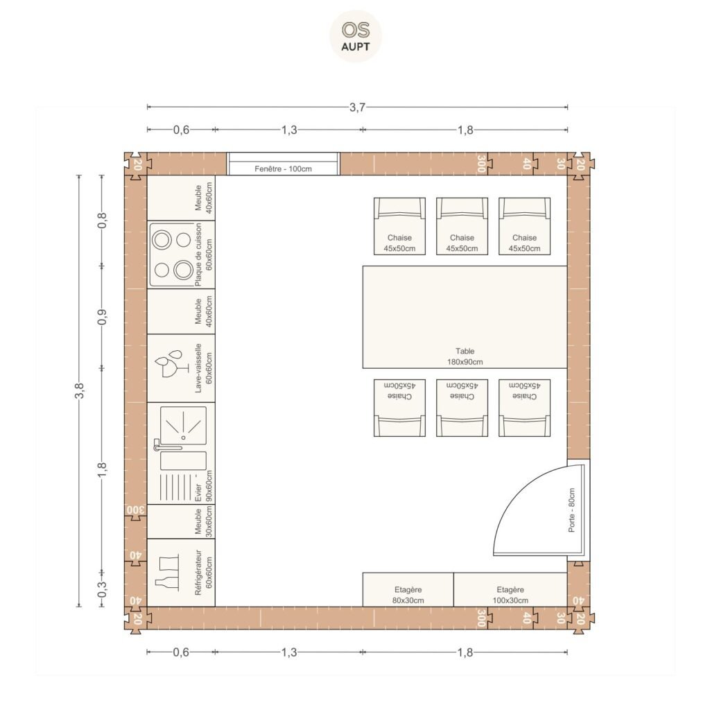 Plan cuisine 14m2 lineaire avec table 6 personnes 3. 7 x 3. 8 m