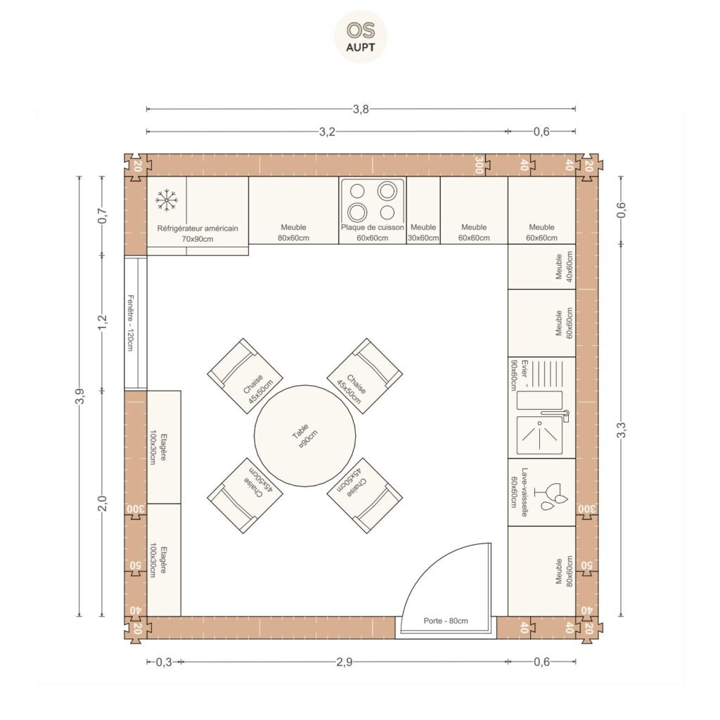 Plan cuisine 15m2 en l avec table ronde 4 personnes 3. 8 x 3. 9 m