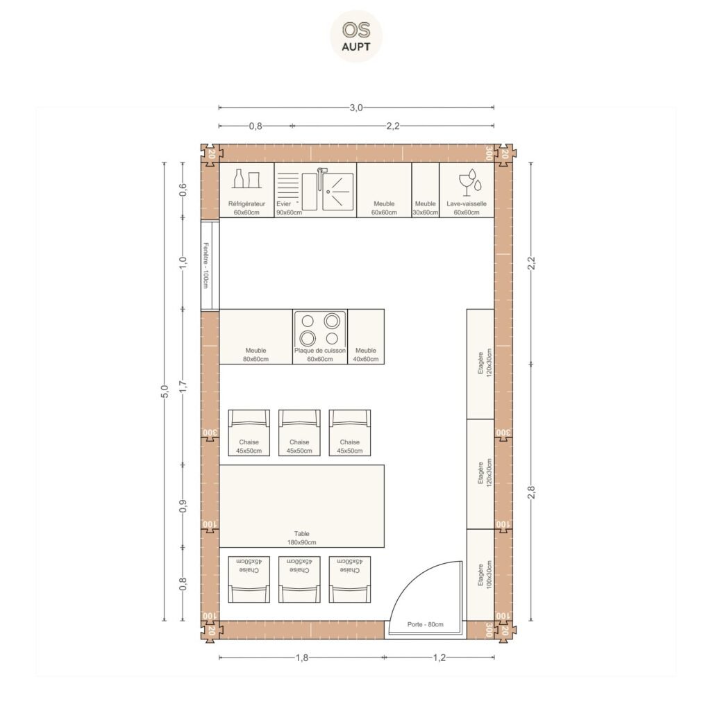 Plan cuisine 15m2 en parallele avec table 6 personnes 3. 0 x 5. 0 m