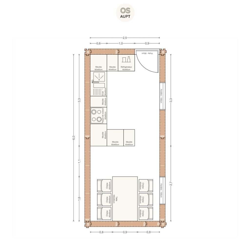 Plan cuisine 15m2 en u avec table 6 personnes 2. 5 x 6. 0 m