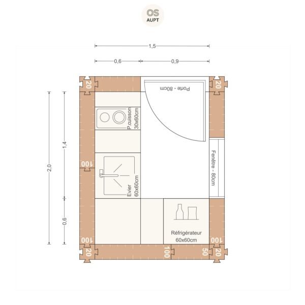 Plan cuisine 3m2 en l 1. 5 x 2. 0 m