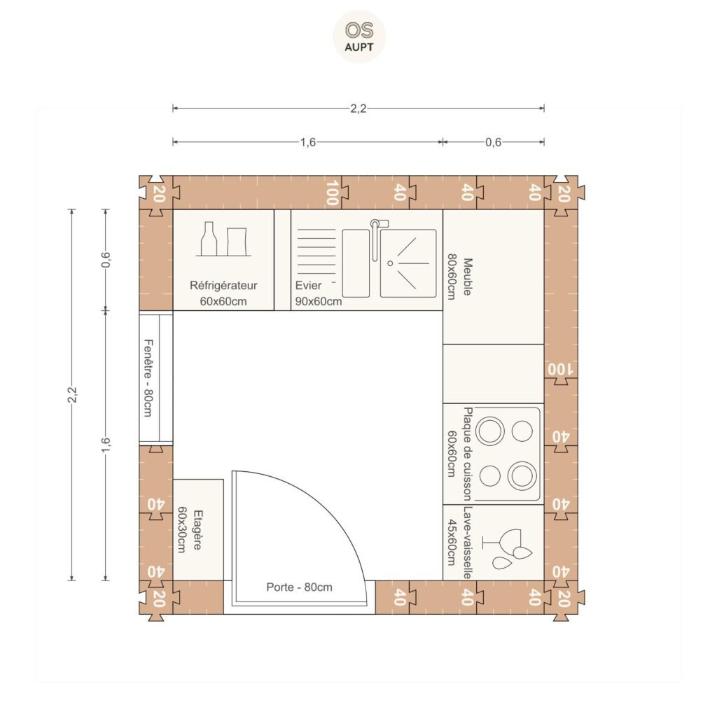 Plan cuisine 5m2 en l 2. 2 x 2. 2 m