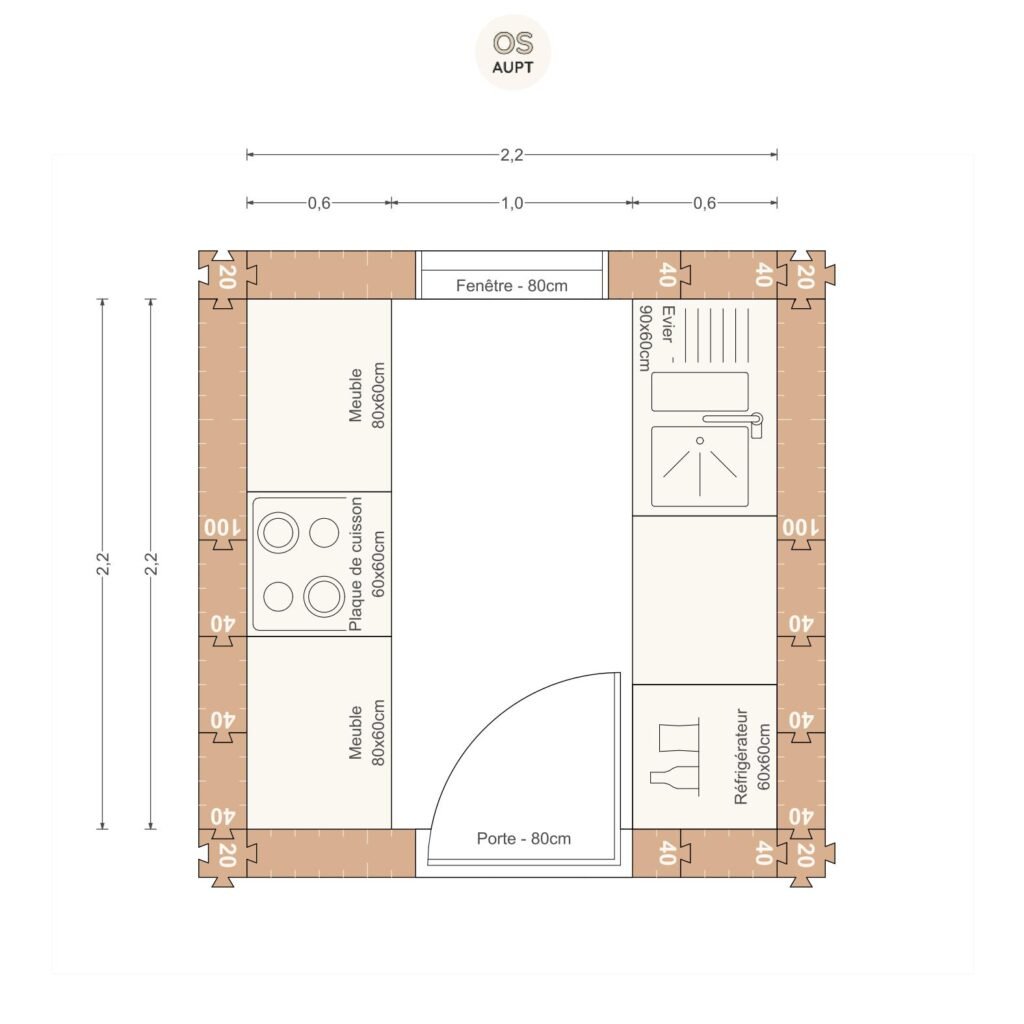 Plan cuisine 5m2 en parallele 2. 2 x 2. 2 m