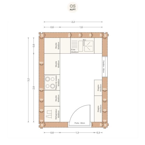 Plan cuisine 7m2 en l 2. 2 x 3. 2 m