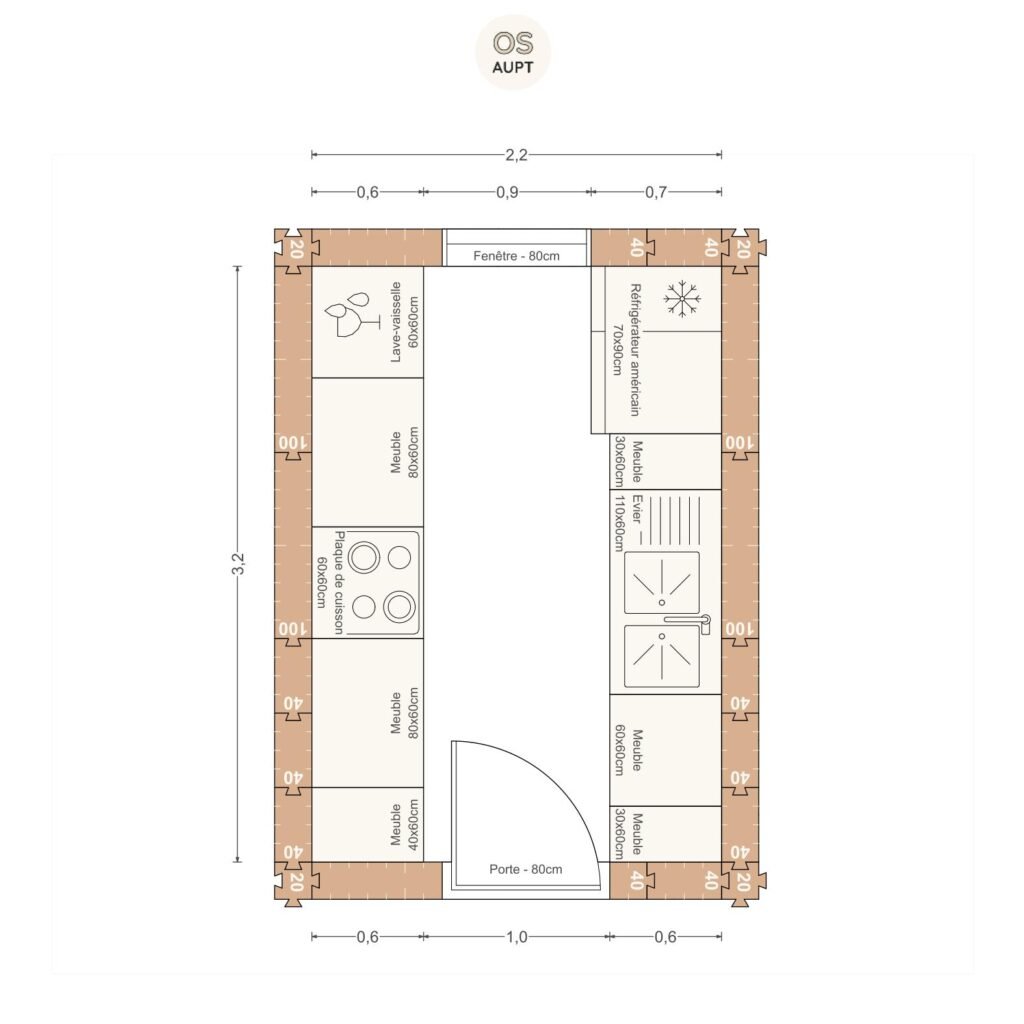 Plan cuisine 7m2 en parallele 2. 2 x 3. 2 m
