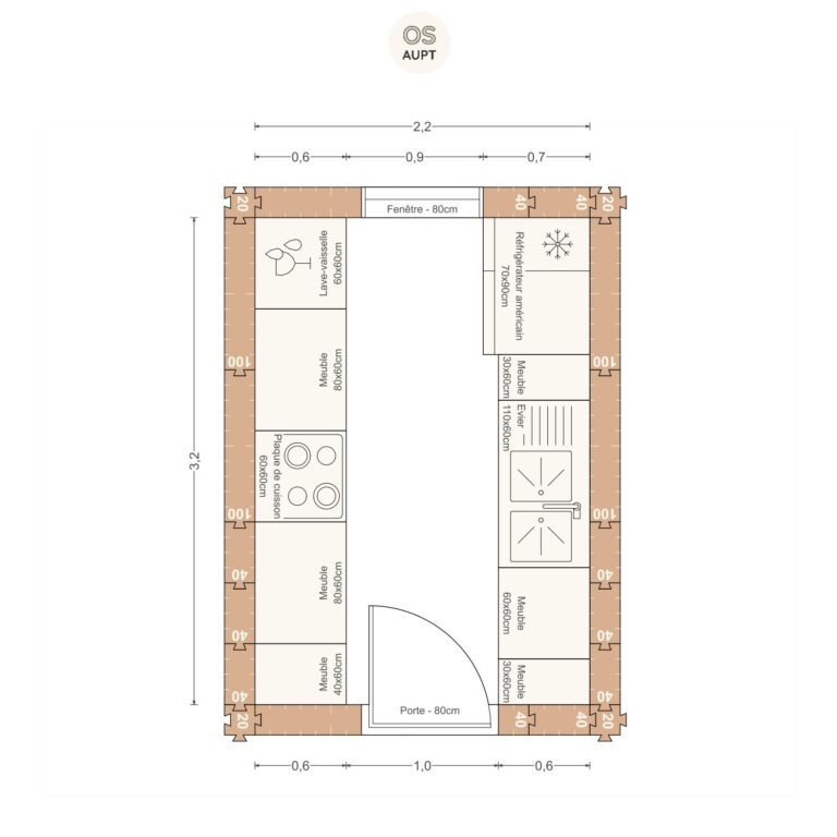 Plan cuisine 7m2 en parallele 2. 2 x 3. 2 m