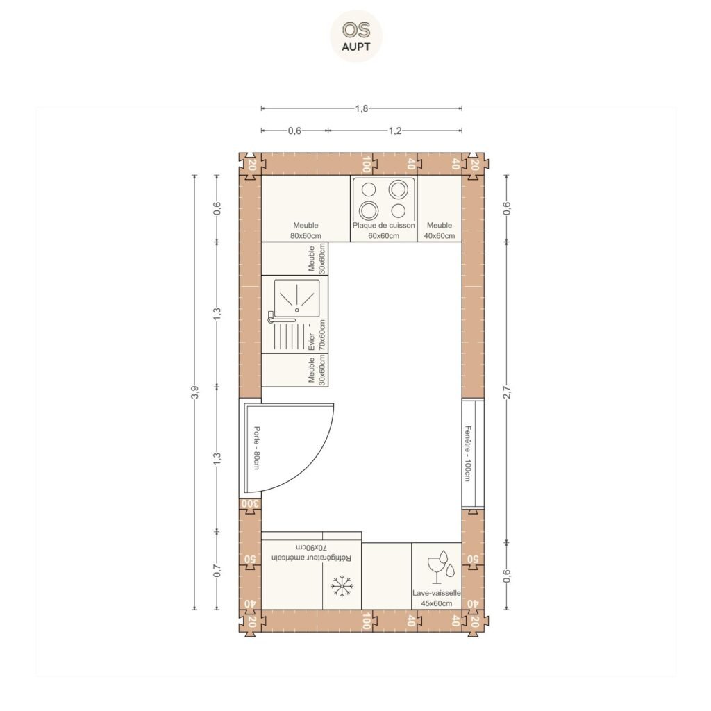 Plan cuisine 7m2 en u 1. 8 x 3. 9 m