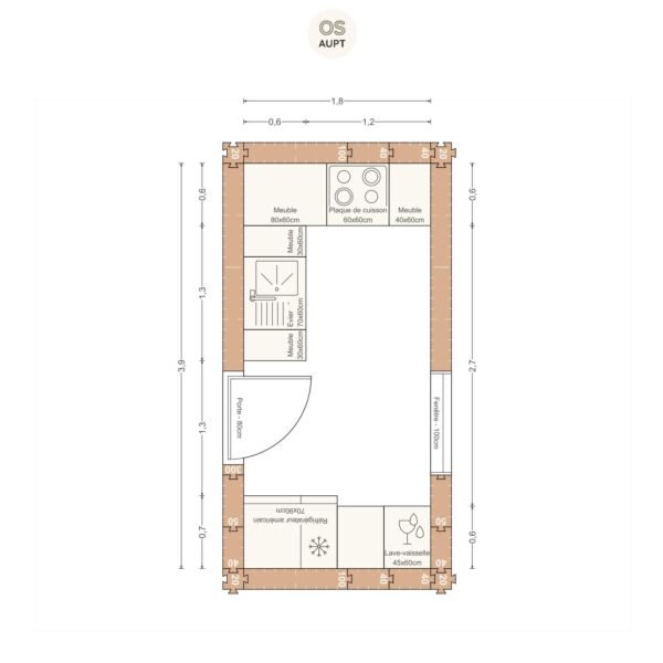 Plan cuisine 7m2 en u 1. 8 x 3. 9 m