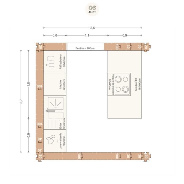 Plan cuisine 7m2 lineaire avec ilot central 2. 6 x 2. 7 m