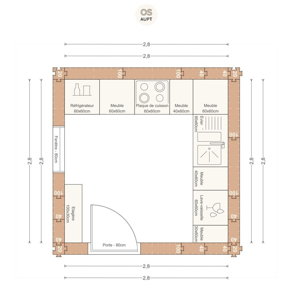 Plan cuisine 8m2 en l 2. 8 x 2. 8 m