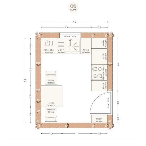 Plan cuisine 8m2 en l avec table 2 personnes 2. 5 x 3. 2 m