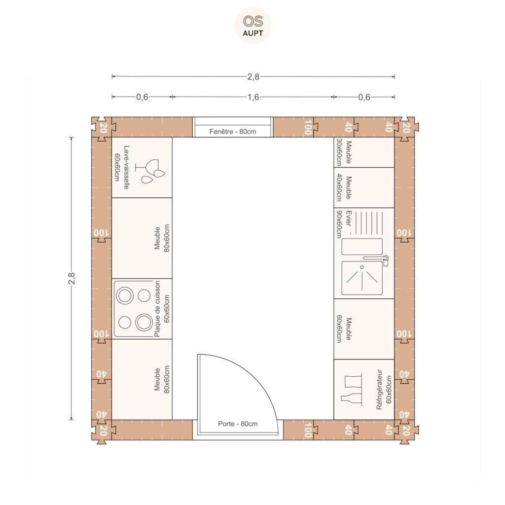 Plan cuisine 8m2 en parallele 2. 8 x 2. 8 m