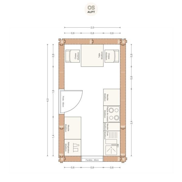 Plan cuisine 8m2 en parallele avec table 2 personnes 2. 0 x 4. 0 m
