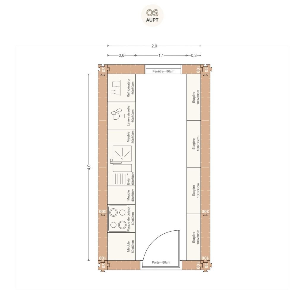 Plan cuisine 8m2 lineaire avec etageres 2. 0 x 4. 0 m