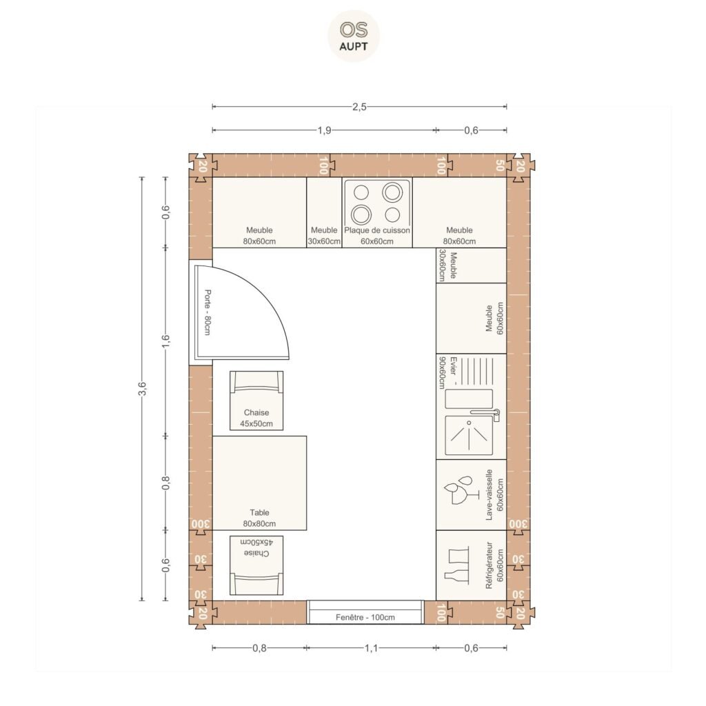 Plan cuisine 9m2 en l avec table 2 personnes 2. 5 x 3. 6 m