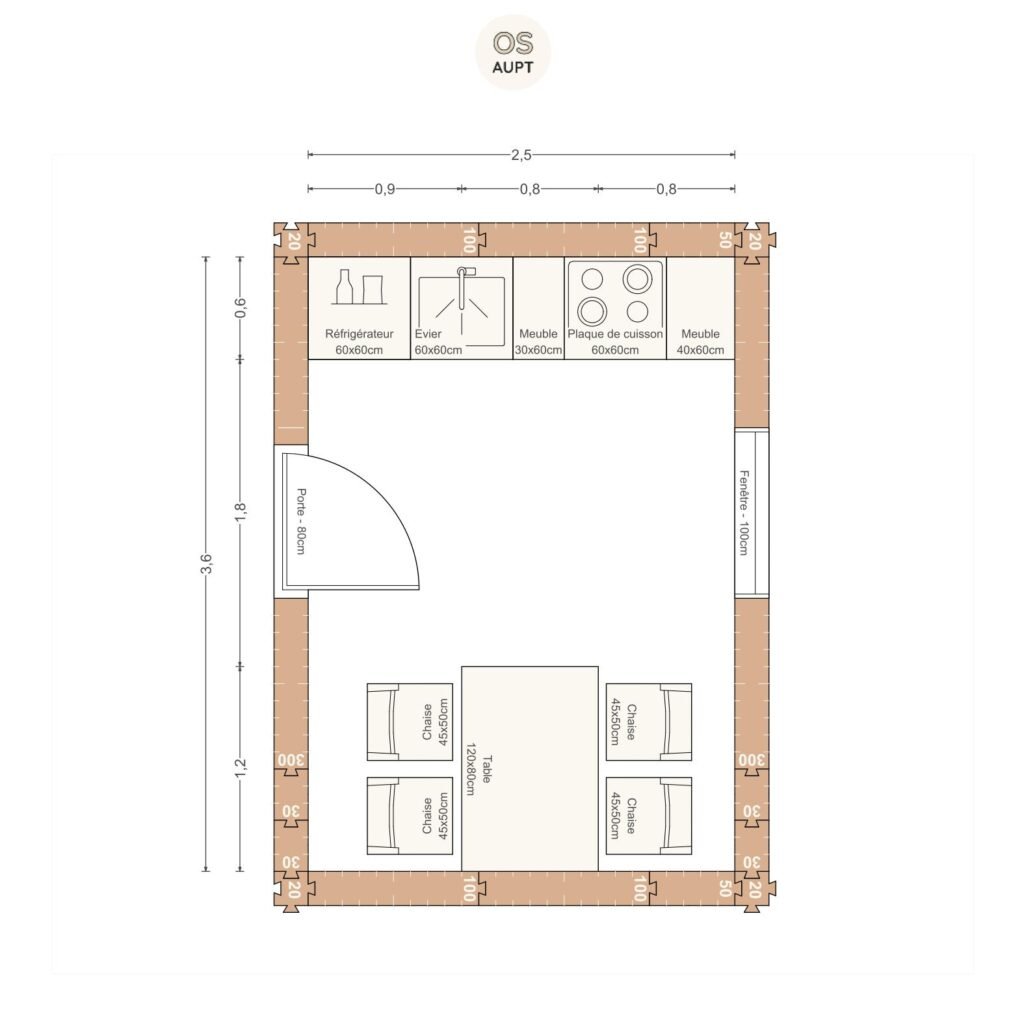 Plan cuisine 9m2 lineaire avec table 4 personnes 2. 5 x 3. 6 m